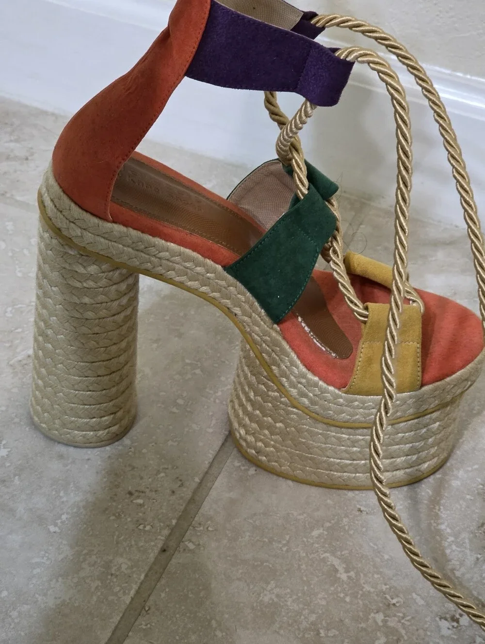Vibrant Colorblock Platform Espadrille Lace-Up Sandals. US 6.5